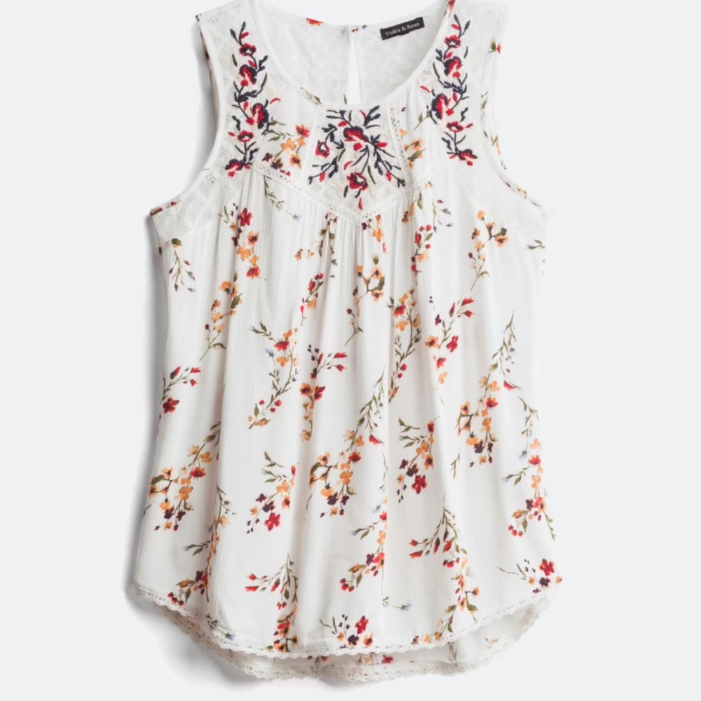 Floral Embroidered Sleeveless Blouse - White